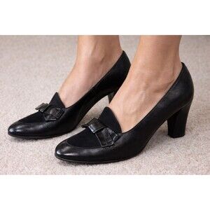 Hill and Dale Black Leather Suede Pumps Bow Mid Heel USA Made Classic Vintage 7